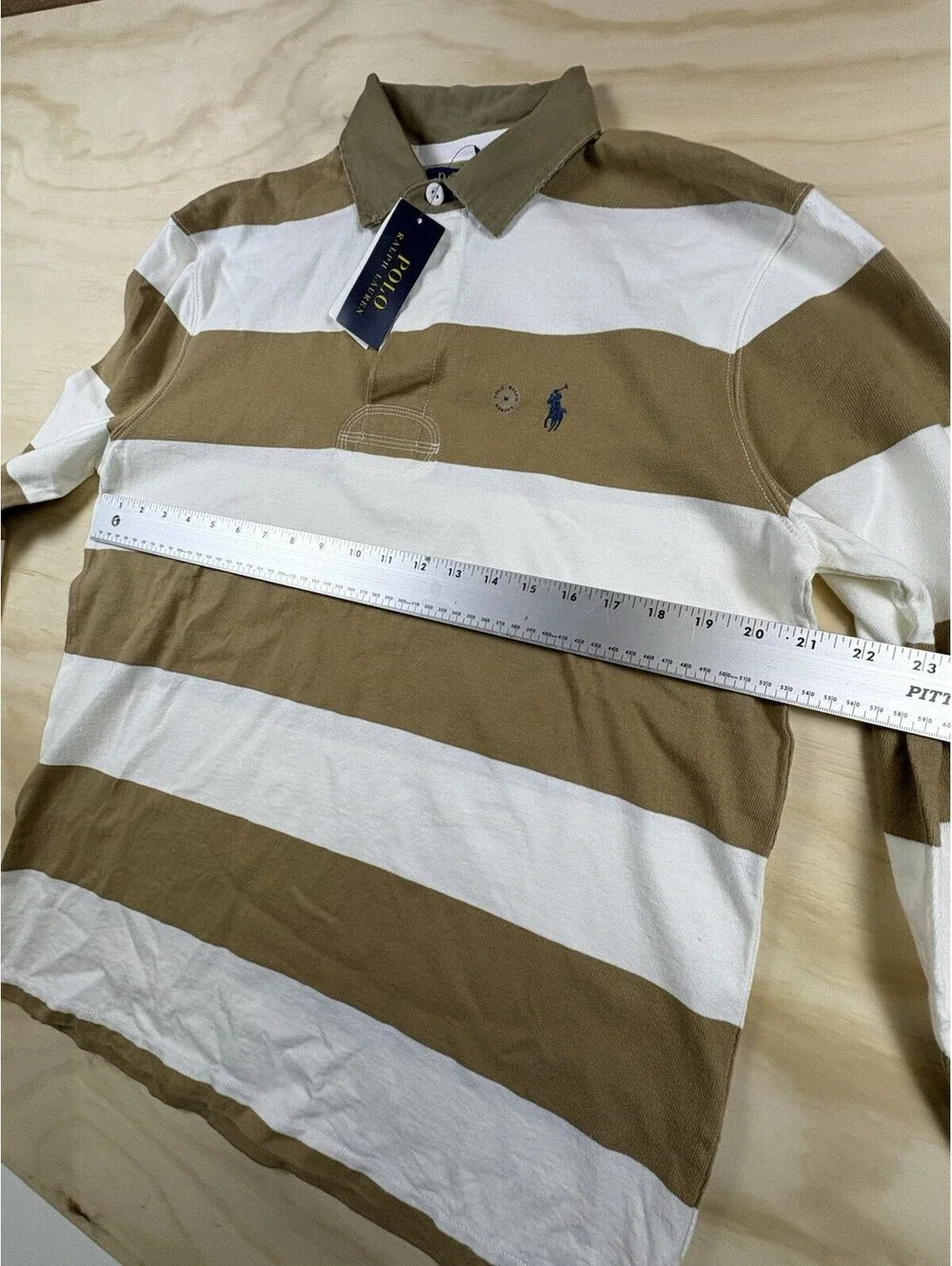 NWT Polo Ralph Lauren Rugby Shirt Men’s Medium Tan White Stripe Classic Fit